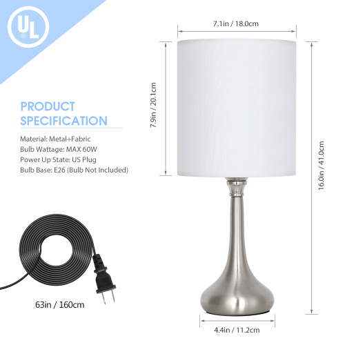 Lámpara de mesa plateada minimalista con pantalla de tela blanca