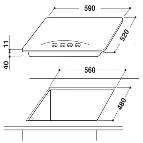 Encimera de cocina de gas, encimera de acero de 60 cm