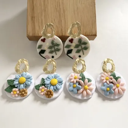 Wholesale Spring Collection: Creative Polymer Clay Colored Flowers, Soft Pottery Handmade Earrings with Geometric Personality