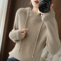 Hooded pull-cord wool knit jumper