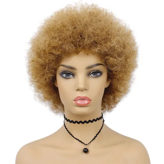 HLN 27 Honey Brown Short Afro Curly Human Hair Wigs Machine Made Fluffy Kinky Curly Wigs for Black Women Short Blonde Afro Wig