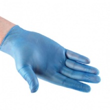 Yellow and blue medical vinyl glove