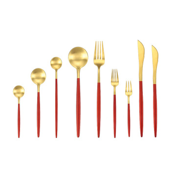 Gold Red Spoon Fork Knife Set - Metal 304 Steak Salad Dessert Fruit Flatware Set