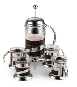 high quality low MOQ borosilicate glass French press with cups pyrex glass stainless steel coffee press set