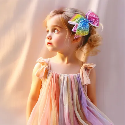 Rainbow Gradient Sequin Bow Hair Clip for Little Girl Mermaid with Colorful Fabric