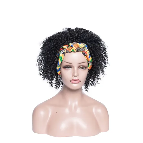 Hot Selling Short Afro Kinky Curly Headband Wigs for Black Women Afro Puff Drawstring Wig Deep Wave Curly Turban Wigs