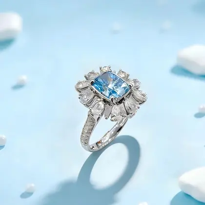 18K Cushion Blue Sunburst Diamond Ring
