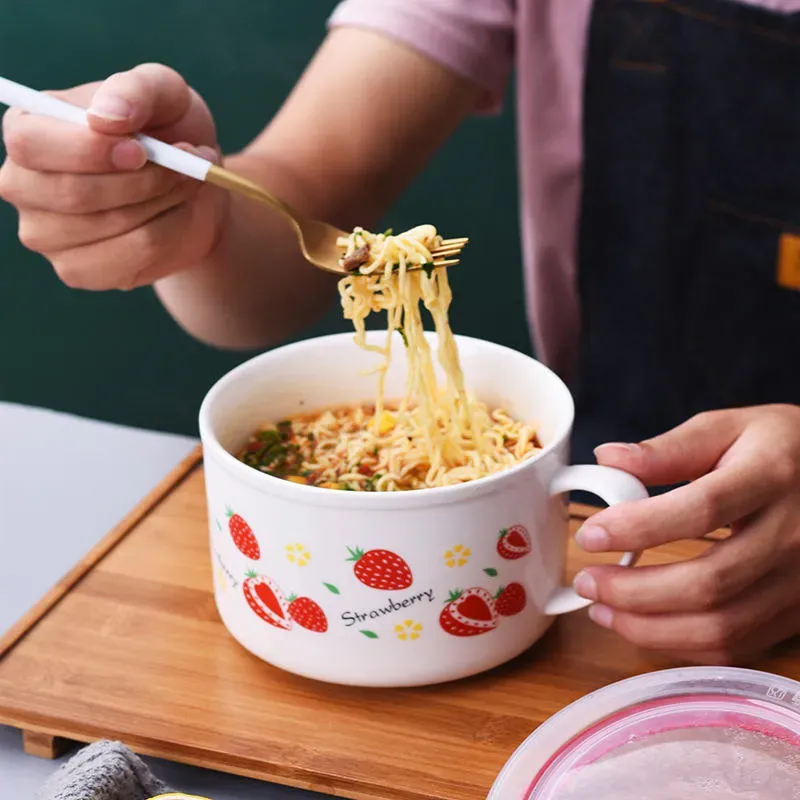 Green Leaf Decal Ceramic Noodle Bowl with Lid