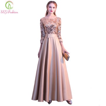 SSYFashion New Mother of The Bride Dress The Banquet Elegant Gold and Navy Blue 3/4 Sleeves Satin Sequins Long Party Formal Gown