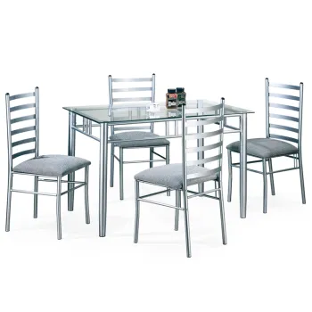 Modern Glass Top Dining Table Set with Silver Legs and 4 Chairs - Rectangular Design