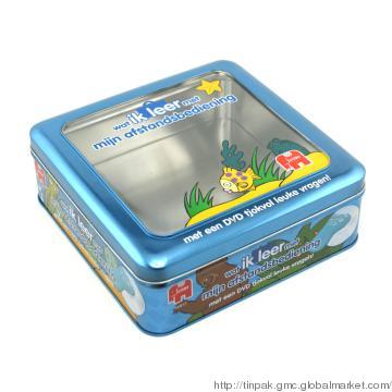 Square chocolate tin box with clear top