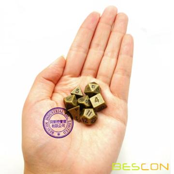 Bescon 10MM Mini Solid Metal Dice Set Ancient Brass, Mini Metallic Polyhedral D&D RPG Miniature Dice 7-sets