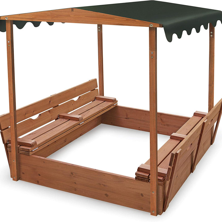 Covered Convertible Cedar Sandbox with Canopy Bench Seats