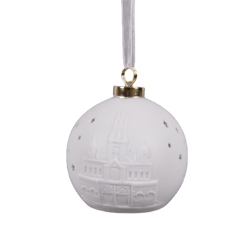 Ceramic Bauble Porcelain Hollow Out Snowflake LED Christmas Ball Decoration with Ribbon