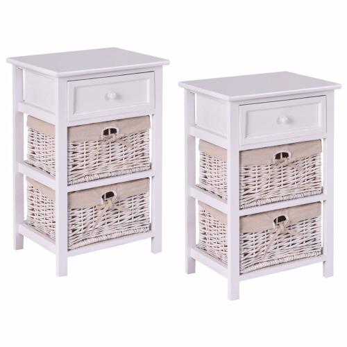 Bedside Table Organizer Wicker Basket White Nightstand 3 Tiers 1 Drawer Manufactory