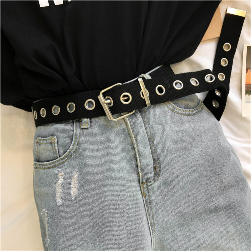 Long Personality Harajuku Casual Ring Black Metal Belt Students Jean Canvas Waist Belts Tide Silver Pin Buckle