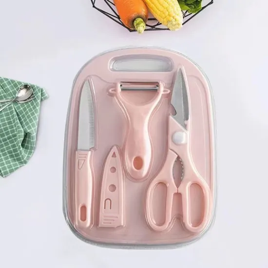 4-Piece Stainless Steel Kitchen Tool Set: Scissors, Knife, Peeler, and Cutting Board