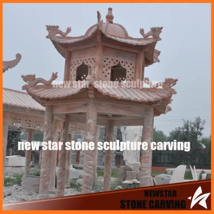 Chinese Sunset Red Marble Pavilion with Dragon Carving