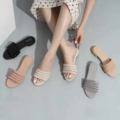 Summer One Word Woven Sandals for Women Casual Thick Heel Flat Sandals
