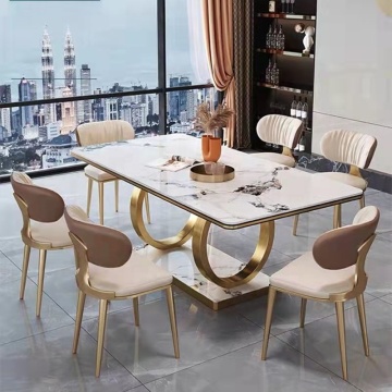 Marble Top Stainless Steel Round Base Rectangular Restaurant Table for Modern Living Rooms