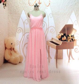 Vestidos De Festa 2014 Simple Spaghetti Strap Open Back Pink Long Chiffon Prom Dress with Side Silt