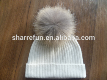 factory wholesale rib knit women cashmere hat with raccoon fur pompom