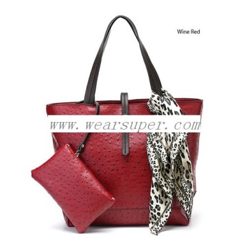Charming woman ostrich pattern scarf leather handbag series Wine red