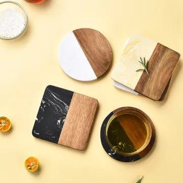 Customizable Bar Home Decor: Creative Marble Splicing Wooden Placemats, Round Coasters, and Cup Holders