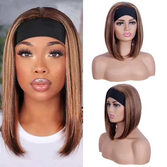 Mixed wig highlight brown short straight hair synthetic hair wig brown lady loose short straight wig