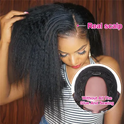 Natural color cheap 30 inch light yaki u part human hair wigs for black women kinky curly u part wig human hair