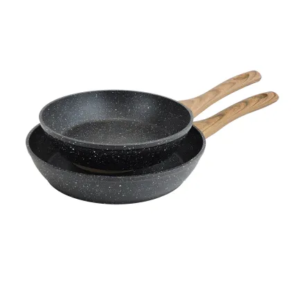 Dessini Frying Pan 3-Pc Set La Seria Cookware Stone Marble Coated Wooden Handle