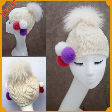 Unique cute rabbit fur pom poms decoration baby wool knit kid hat