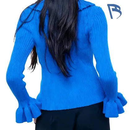 Elegant Navy Blue Ruffled Sweater for Women