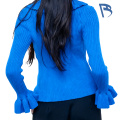 Sweater Ruffled Biru Tentera Laut Elegant untuk Wanita
