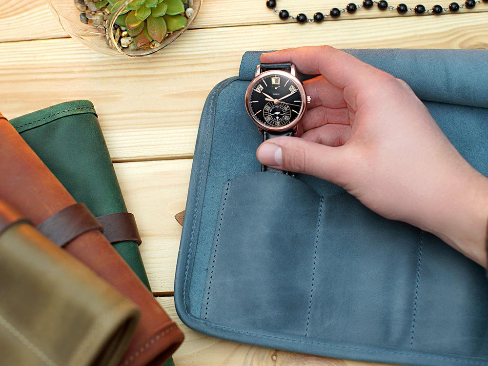 Handmade travel portable leather watch roll pouch bag