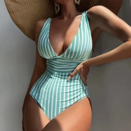 2024 Striped One Piece Swimsuit: Vintage Swimwear for Beach and Bathing