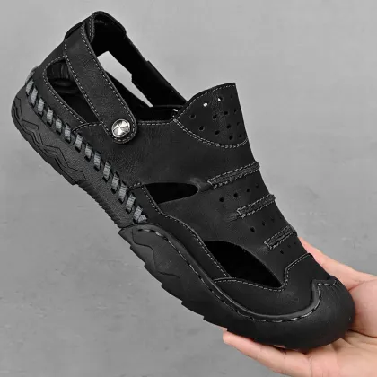 OEM Custom LOGO Genuine Leather Closed Toe Sandals for Men