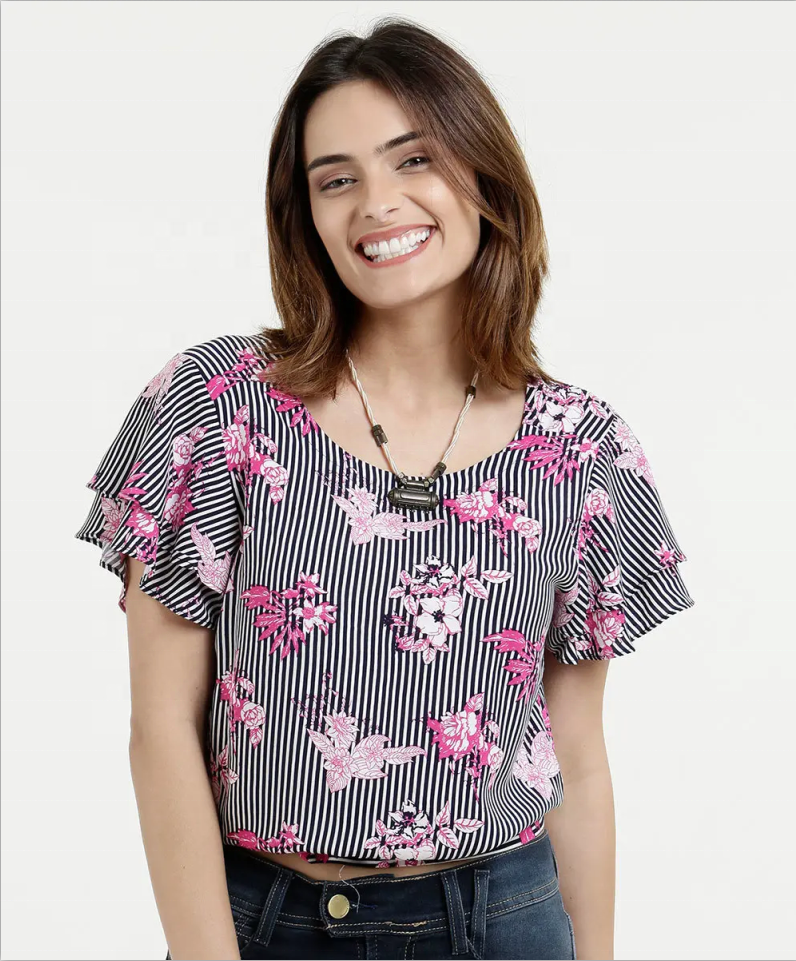 Blusa feminina com estampa floral V shanpe back