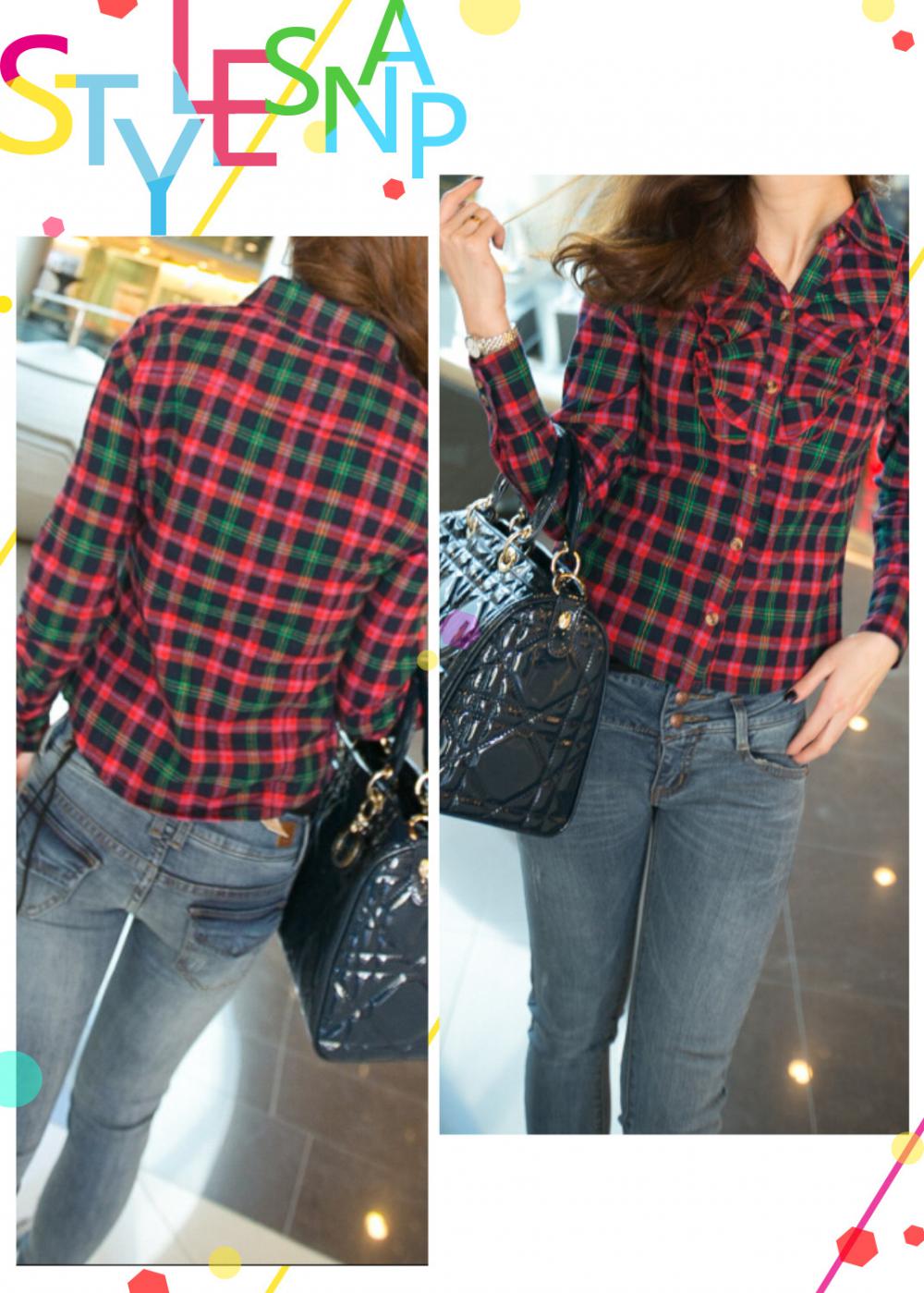 Women's flannel shirt with pleating on chest