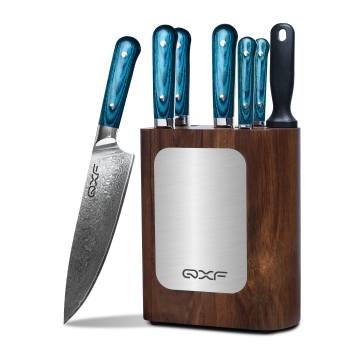 QXF 7 Pcs High End Damascus Steel Kitchen Knife Set with Pakkawood Handles and Wooden Stand