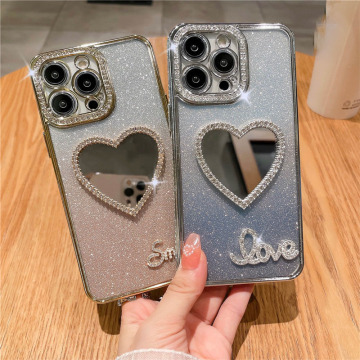 Love Heart Diamond Silicone Phone Case for iPhone 16/15/14/13/12/11 Pro Max - Gradient Glitter Transparent Protective Cover