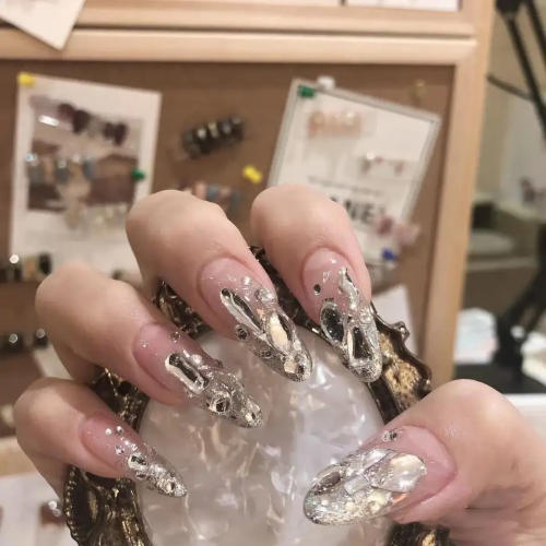 French Fake nail Press On Nails With Rhinestones