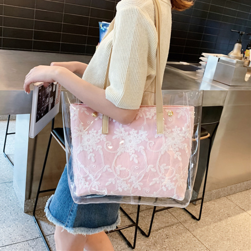 Clear PVC Tote Bag Embroidery patch Flowers Handbag