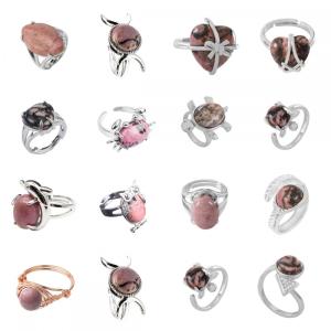 Assorted Natural Rhodochrosite Rings Owl Shape Ring for Women Quartz Crystal Heart Rings for Women Wedding Adjustable ring