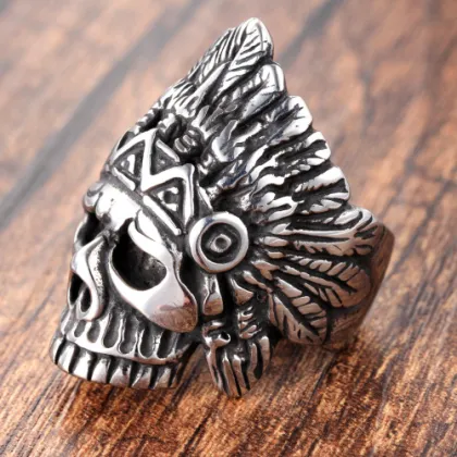 Indian chief stainless steel skull ring
