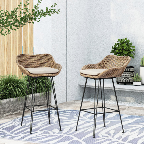 Outdoor Wicker and Iron Low Back Barstools 4