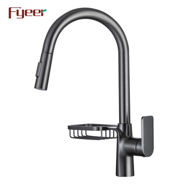 Fyer Gun Grey Pull-Out Kitchen Sink Faucet with Drain Rack