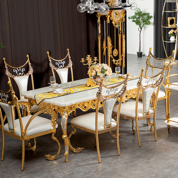 European Golden Copper Marble Dining Table Set with 6 Chairs - Luxury Modern Furniture