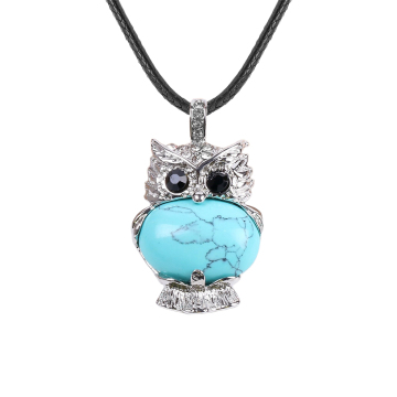 Turquoise Oval Beads CZ Rhinestone Silver Owl Pendant Necklace 45cm Black Cord