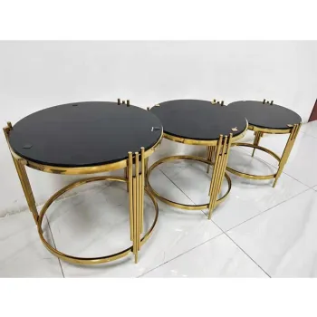 Chinese Square Round Stainless Steel Black Tempered Glass Garden Tea Coffee Table Set